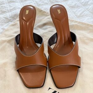 ZARA Cognac Brown Leather Mule Heels Square Toe Contrast Stitch 11